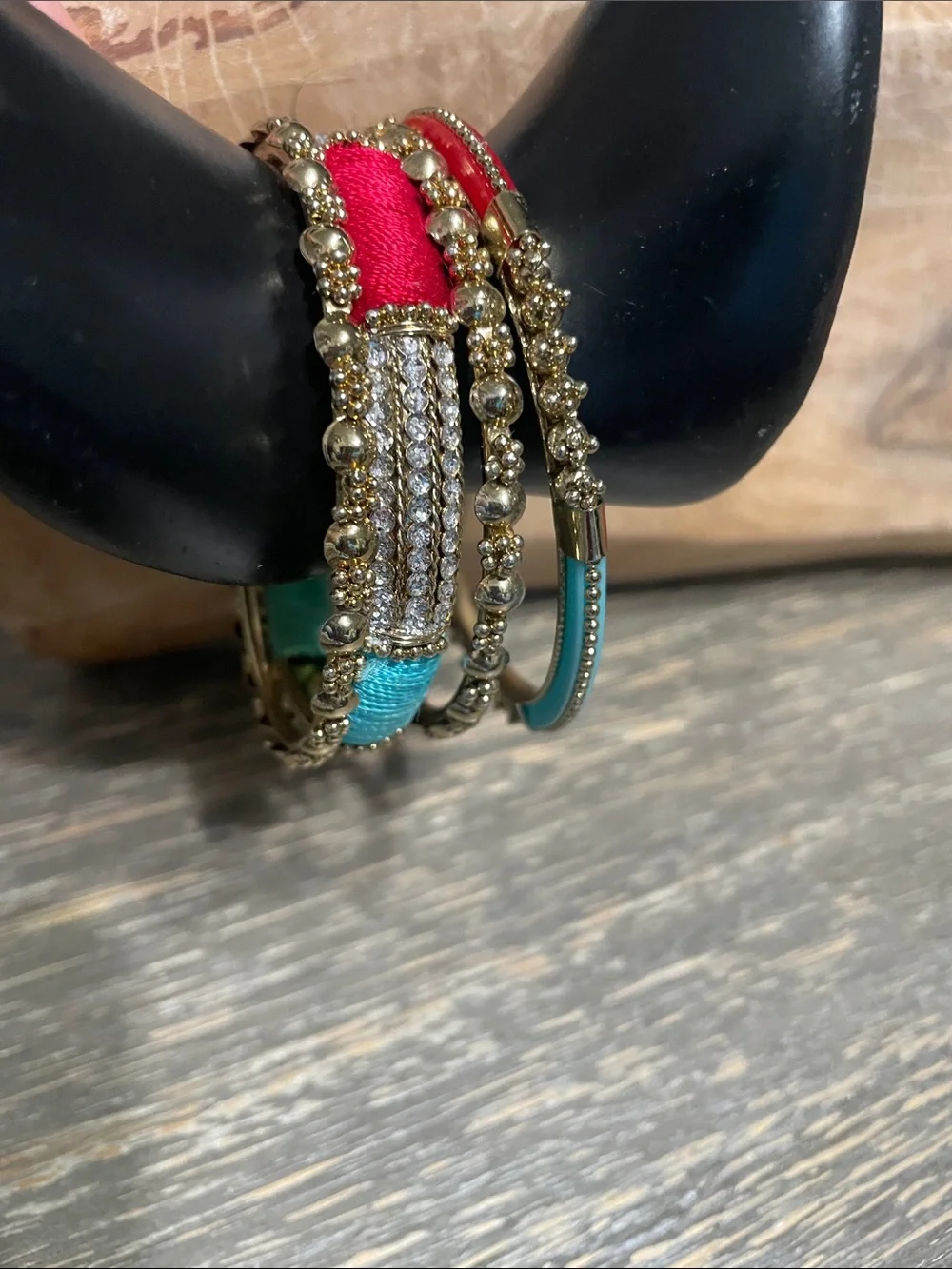 Gold Tone Multi-Color Bangle Set with Turquoise and Red Accents